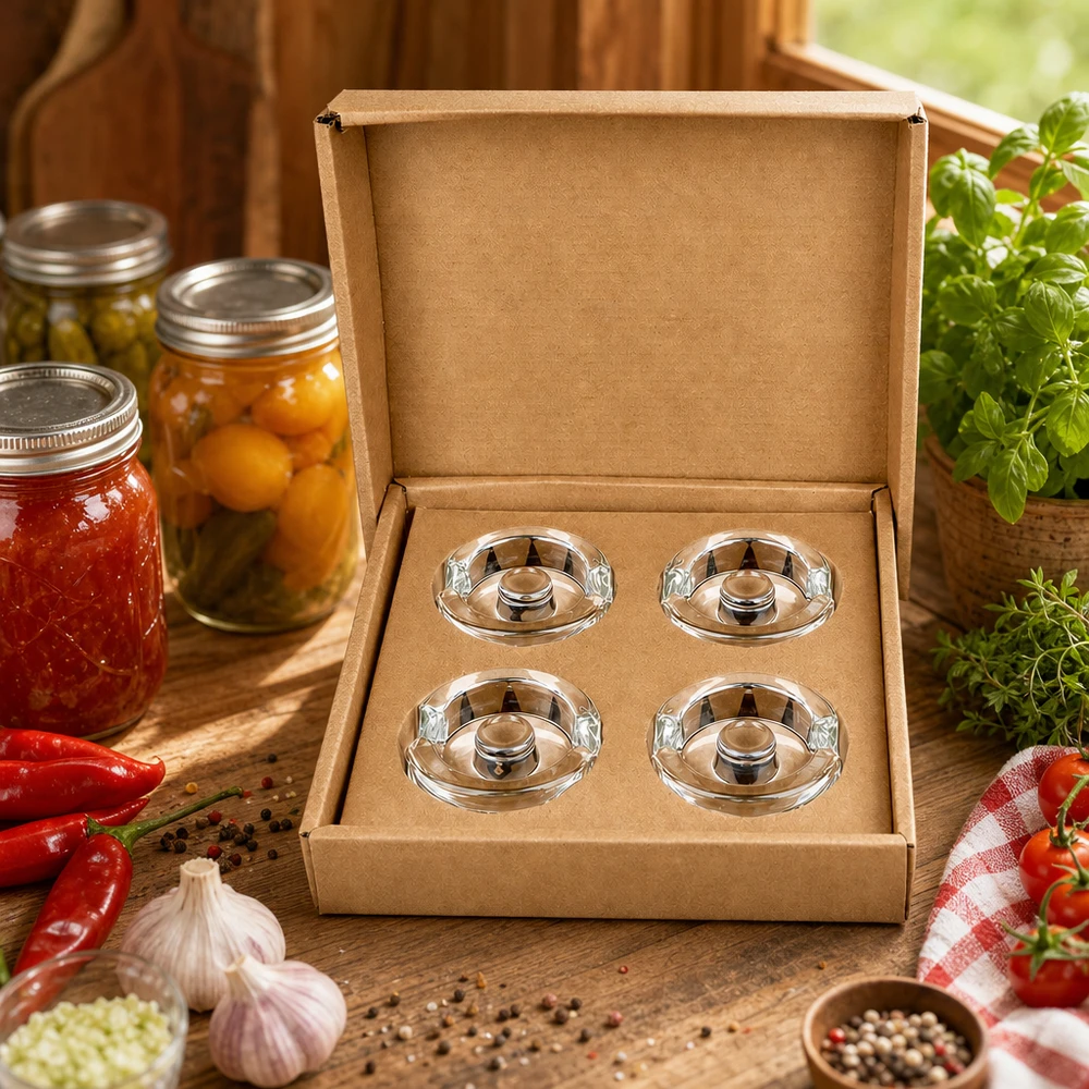 Ensemble de 4 poids en verre Fermentier-Glasgewichte UNiTWIST 4er Set in Geschenkbox umgeben von frischen Kräutern Tomaten und Einmachgläsern