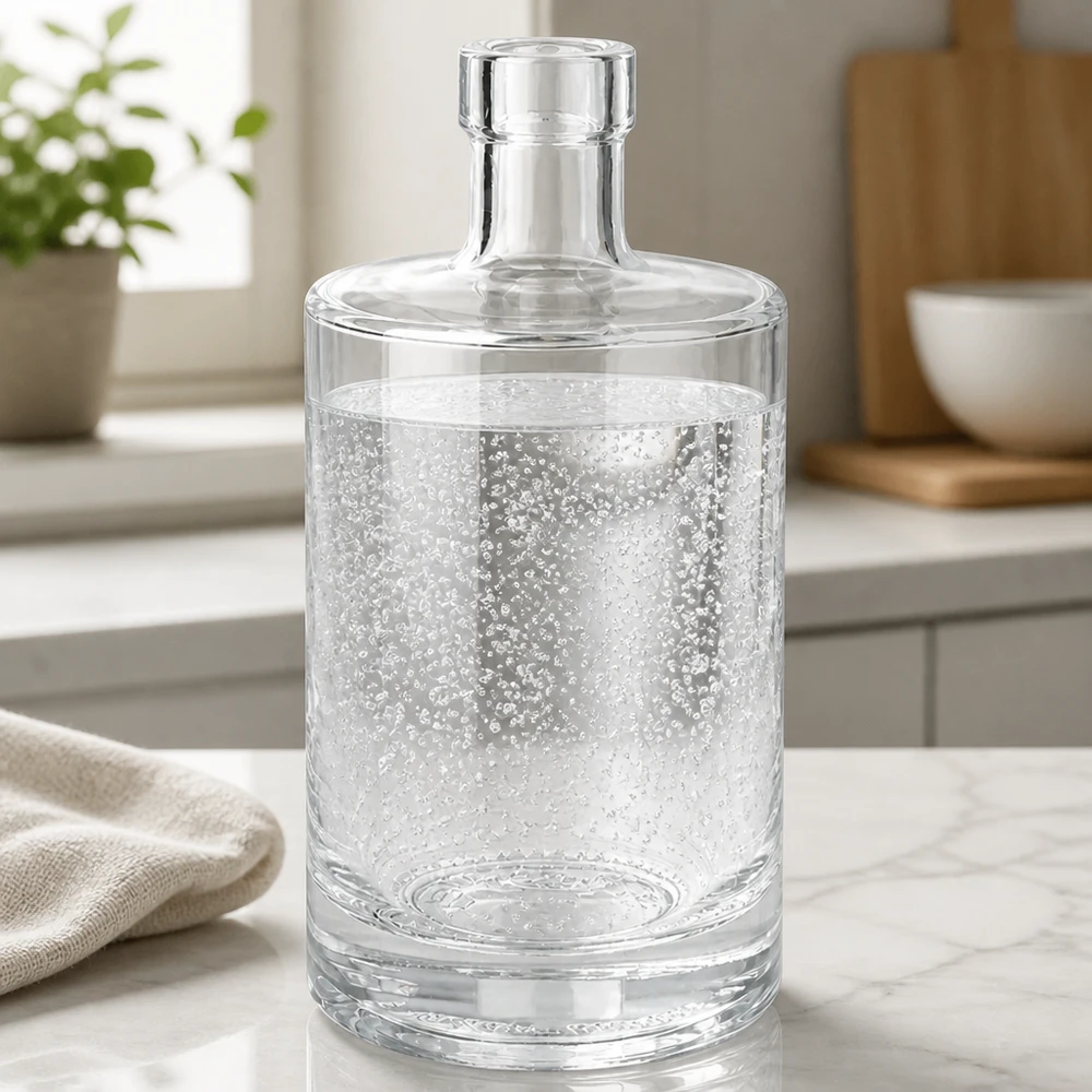 Bouteille en verre 500 ml « Marie » sans bouchon UNiTWIST® Bouteille de verre Marie de 500 ml remplie d'eau minérale pétillante sur plan de travail en marbre dans une cuisine moderne