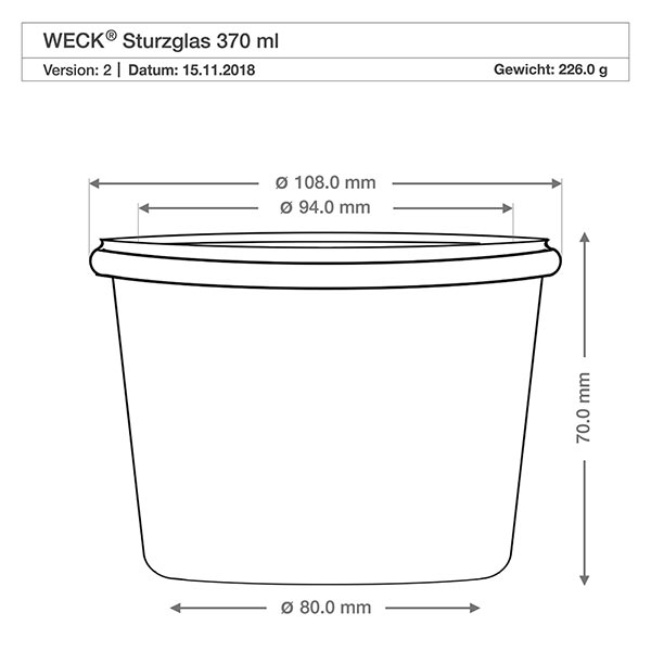 370ml bocal conique WECK RR100 WECK Verre renversé 370ml RR100 Dessin technique Dimensions Dimensions 108mm Diamètre 70mm Hauteur Spécification du produit