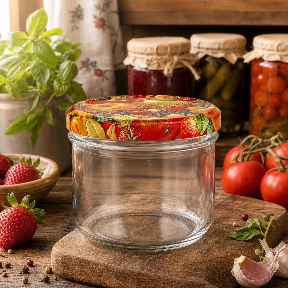 Leeres 260ml Sturzglas mit dekorativem Obst-Deckel umgeben von frischen Tomaten und Erdbeeren in Küche