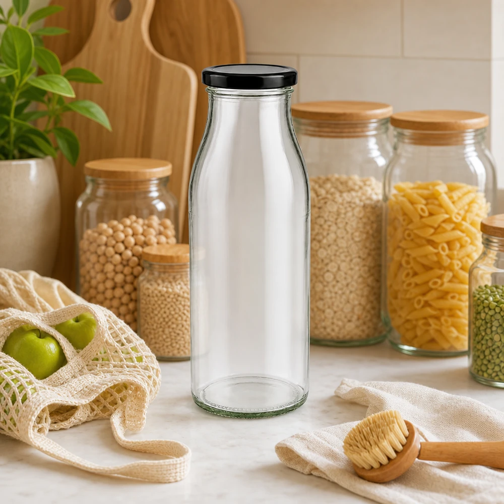Bouteille en verre de 500ml avec couvercle noir dans la cuisine Zero-Waste avec des bocaux à provisions et des matériaux durables