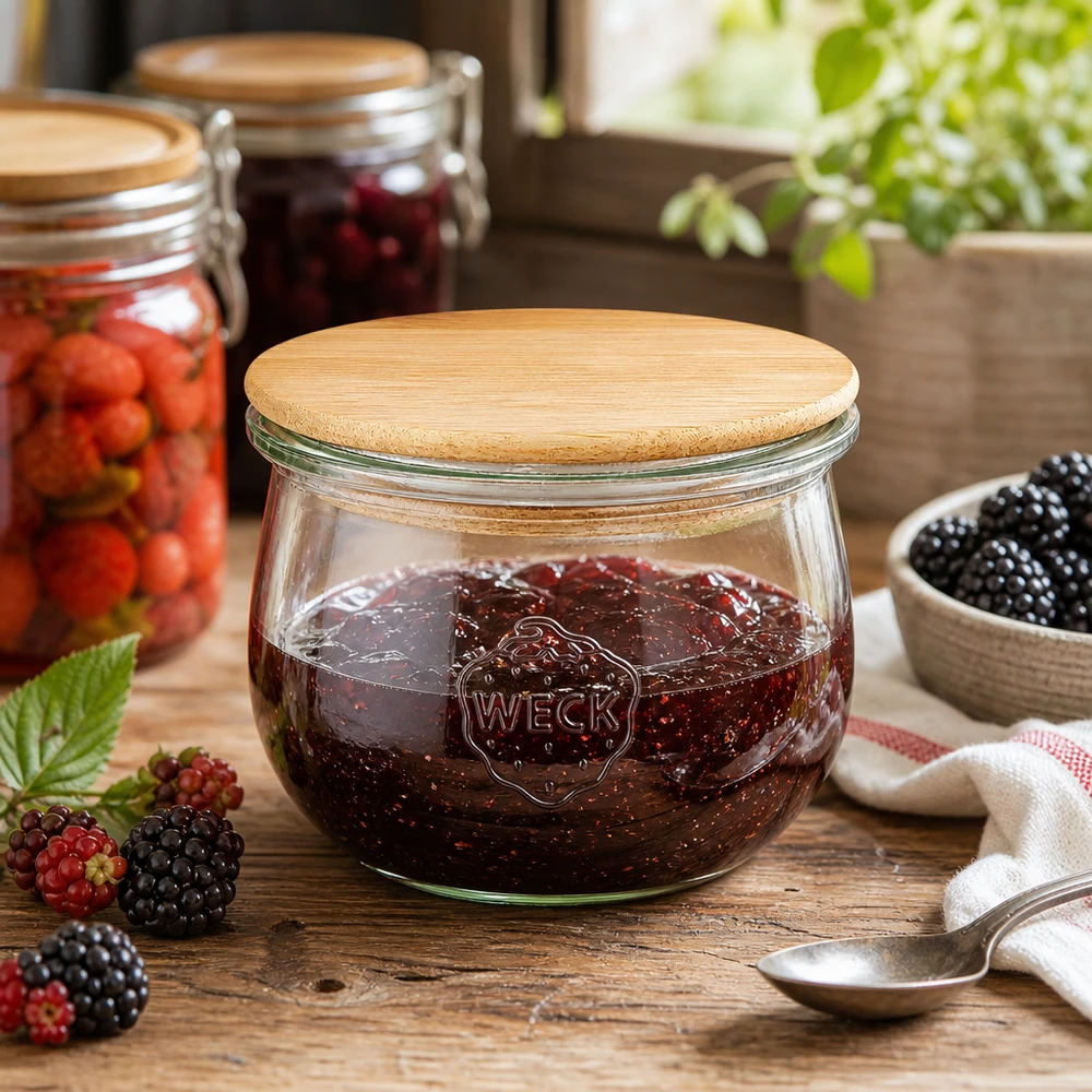 WECK Pot tulipe RR100 580ml rempli de confiture de baies dans une cuisine rustique avec baies fraîches et cuillère en bois