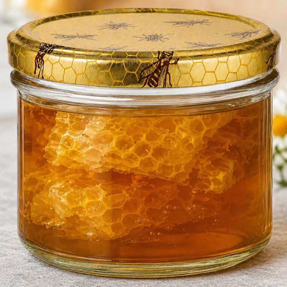 Pot de 250 g rempli de miel avec un morceau de rayon