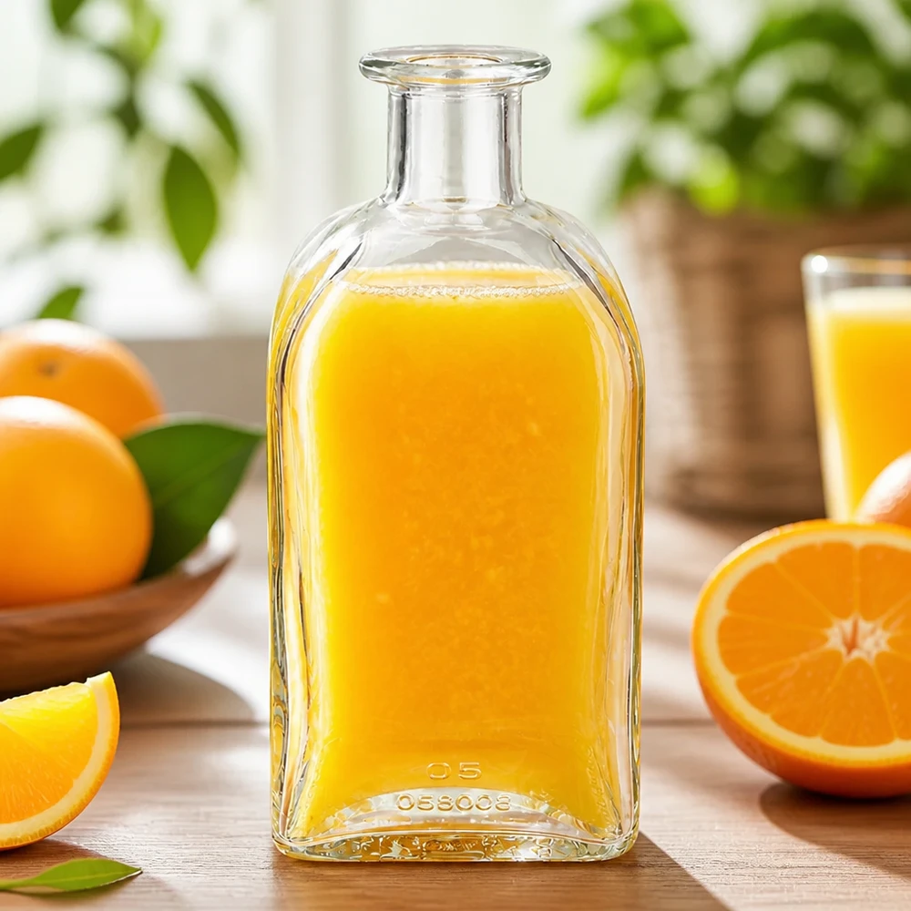 Bouteille en verre Julia de 500 ml remplie de jus d'orange entourée d'oranges fraîches et de tranches d'orange sur une table en bois
