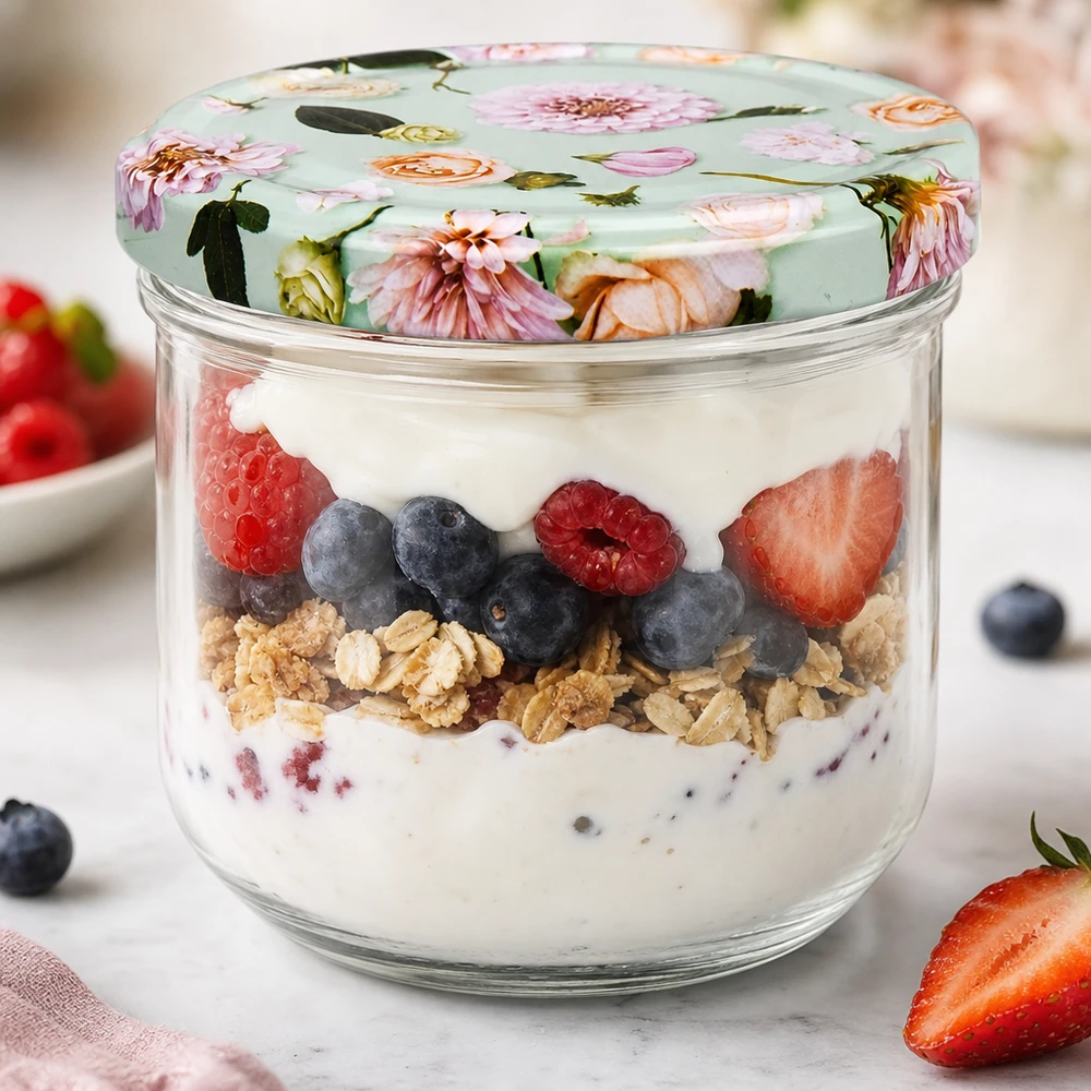 Verre renversé de 260 ml avec couvercle à fleurs rempli de parfait au yaourt et de baies comme exemple d'utilisation pour les desserts