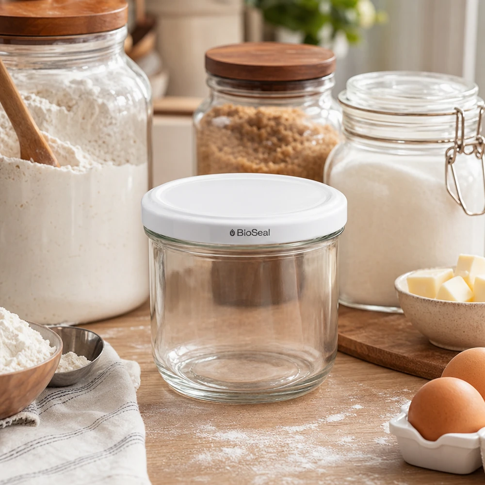 260ml Verre conique avec couvercle BioSeal blanc UNiTWIST UNiTWIST Sturz260 bocal vide avec couvercle blanc TO82 BioSeal en environnement de cuisine - 260ml bocal de réserve entre les ingrédients de cuisson
