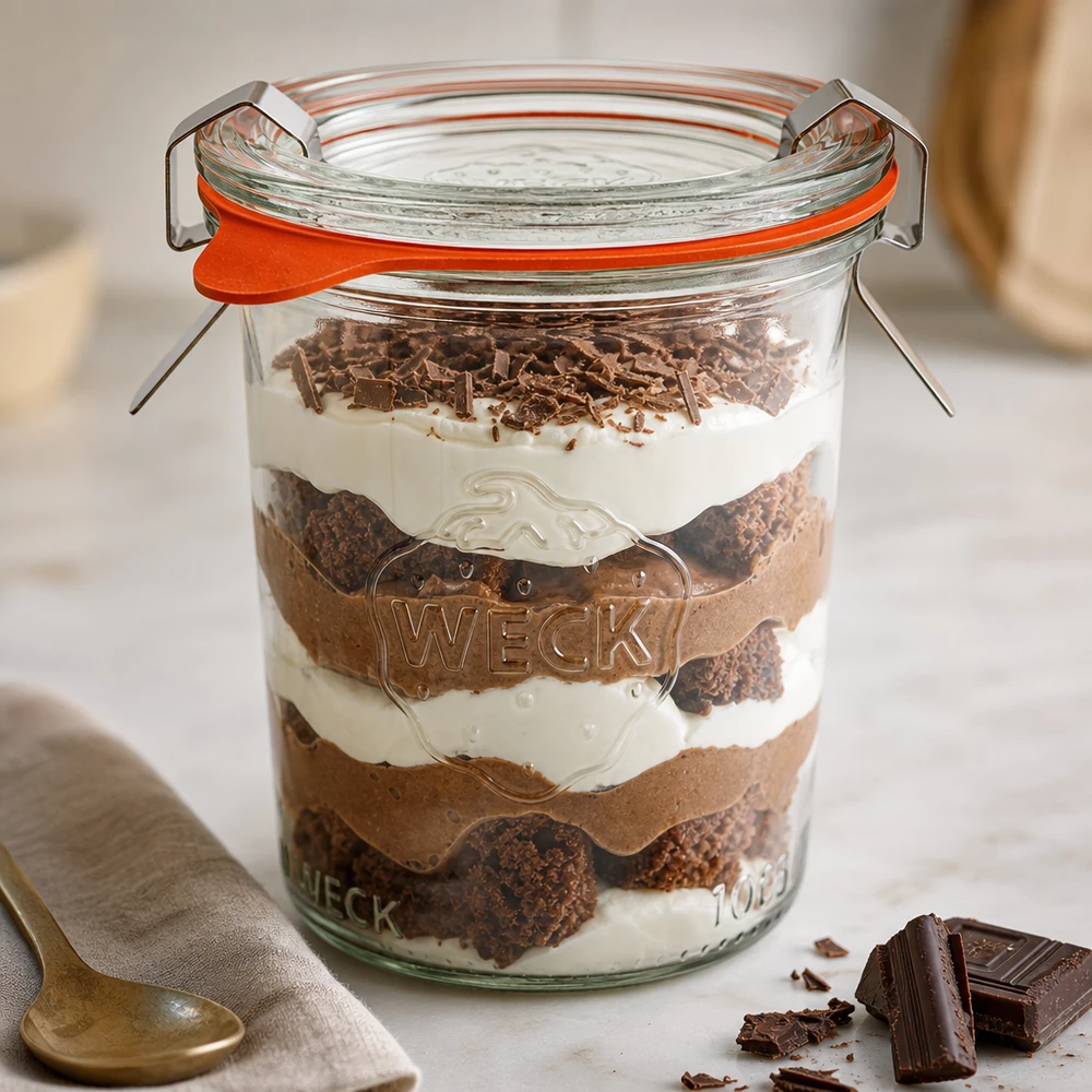 160ml bocal conique complet WECK RR60 WECK Verre renversé 160ml RR60 rempli de dessert stratifié Tiramisu montre une utilisation polyvalente comme verre à dessert