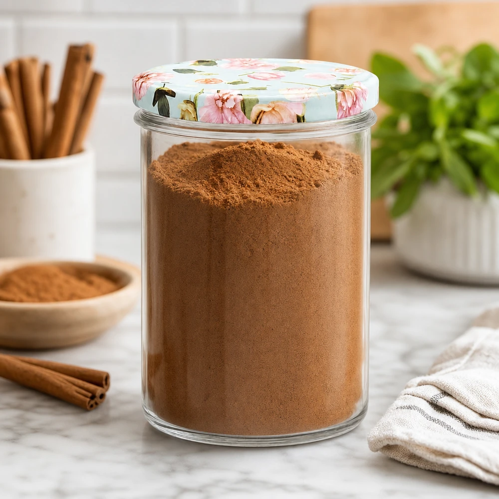 435ml pot renversé avec couvercle BasicSeal fleur menthe rempli de cacao en poudre épices à côté de la cannelle conservation de la cuisine