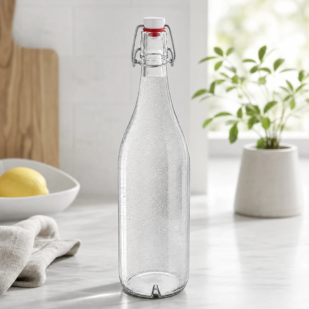 Bouteille en verre de 1000 ml + bouchon mécanique en PVC UNiTWIST Bouteille en verre 1000ml avec bouchon à étrier PVC UNiTWIST remplie d'eau gazeuse dans une cuisine moderne Lifestyle