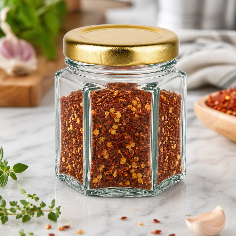 Pot de miel hexagonal de 60g rempli de flocons de piment sur une table en marbre avec des herbes et un couvercle doré BasicSeal