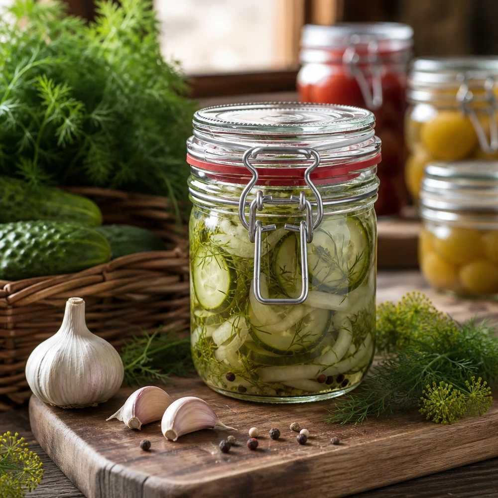 Bocal de 400 ml avec fermeture à étrier, idéal pour la mise en conserve des cornichons et des légumes.