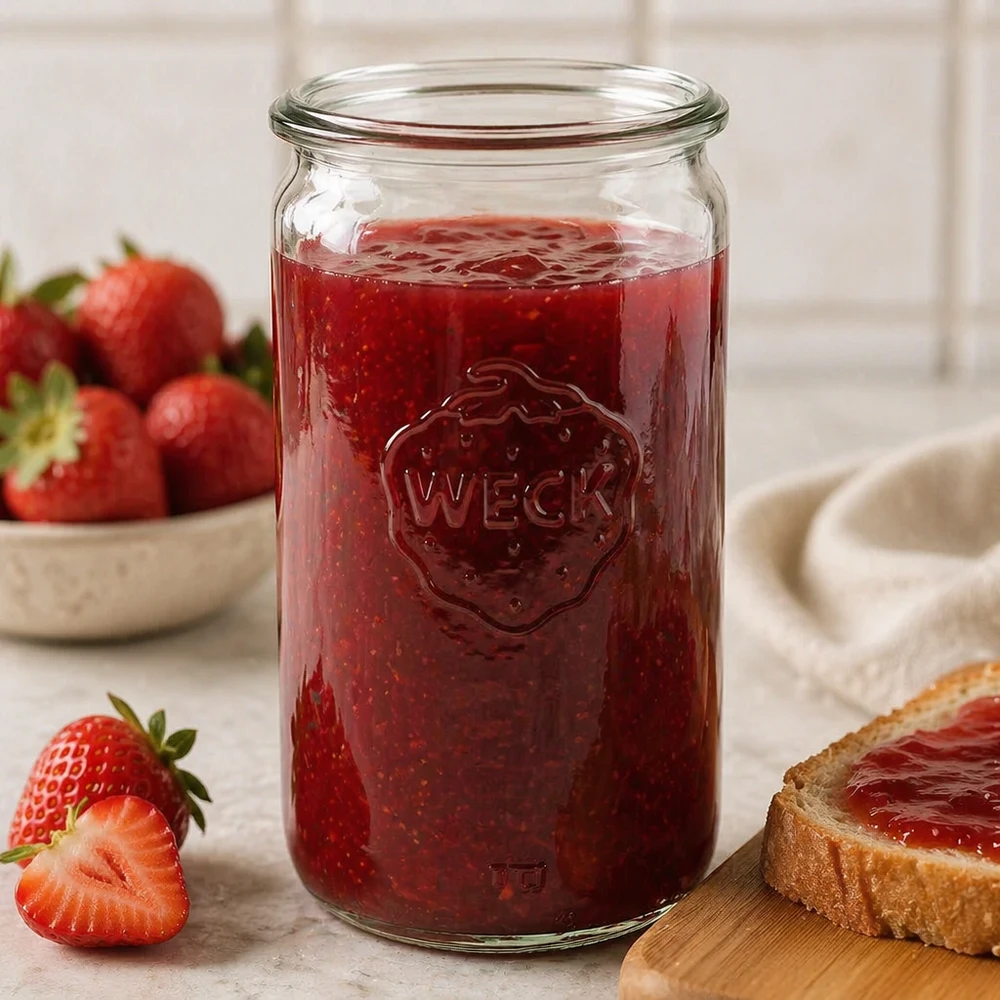 Bocal en verre cylindrique WECK RR60 de 340 ml WECK 340ml pot cylindrique RR60 rempli de confiture de fraise montre une utilisation pratique comme pot de conservation dans la cuisine