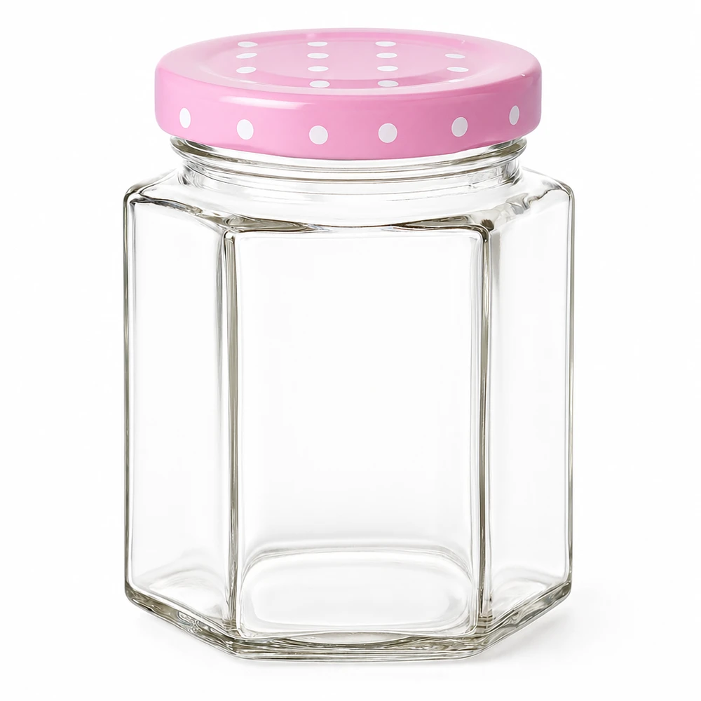 Pot hexagonal de 196 ml + couvercle BasicSeal rose à pois UNiTWIST 196ml Hexaglas avec couvercle rose à points BasicSeal UN-conforme bocal hexagonal pour confiture et miel