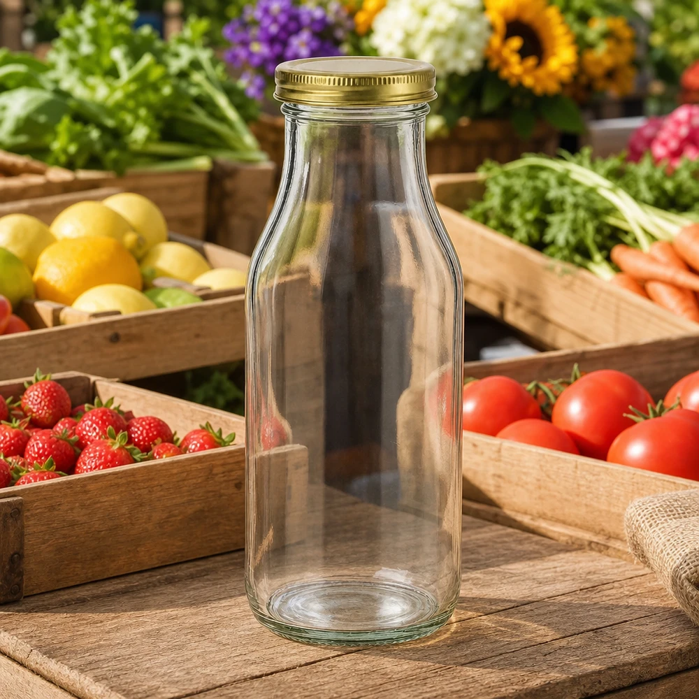 UNiTWIST Bottle263 Bouteille en verre vide avec couvercle TO43 BioSeal doré sur une table en bois parmi des fruits et légumes frais