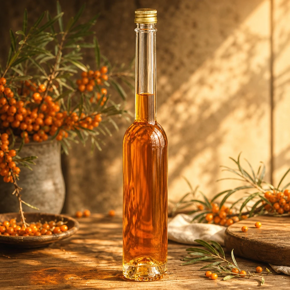 Bouteille en verre 100 ml « Toni » et bouchon à vis argenté UNiTWIST® Elegante 100ml Glasflasche Toni mit Sanddornöl befüllt - goldener Verschluss, edle Optik für Küche und Geschenke