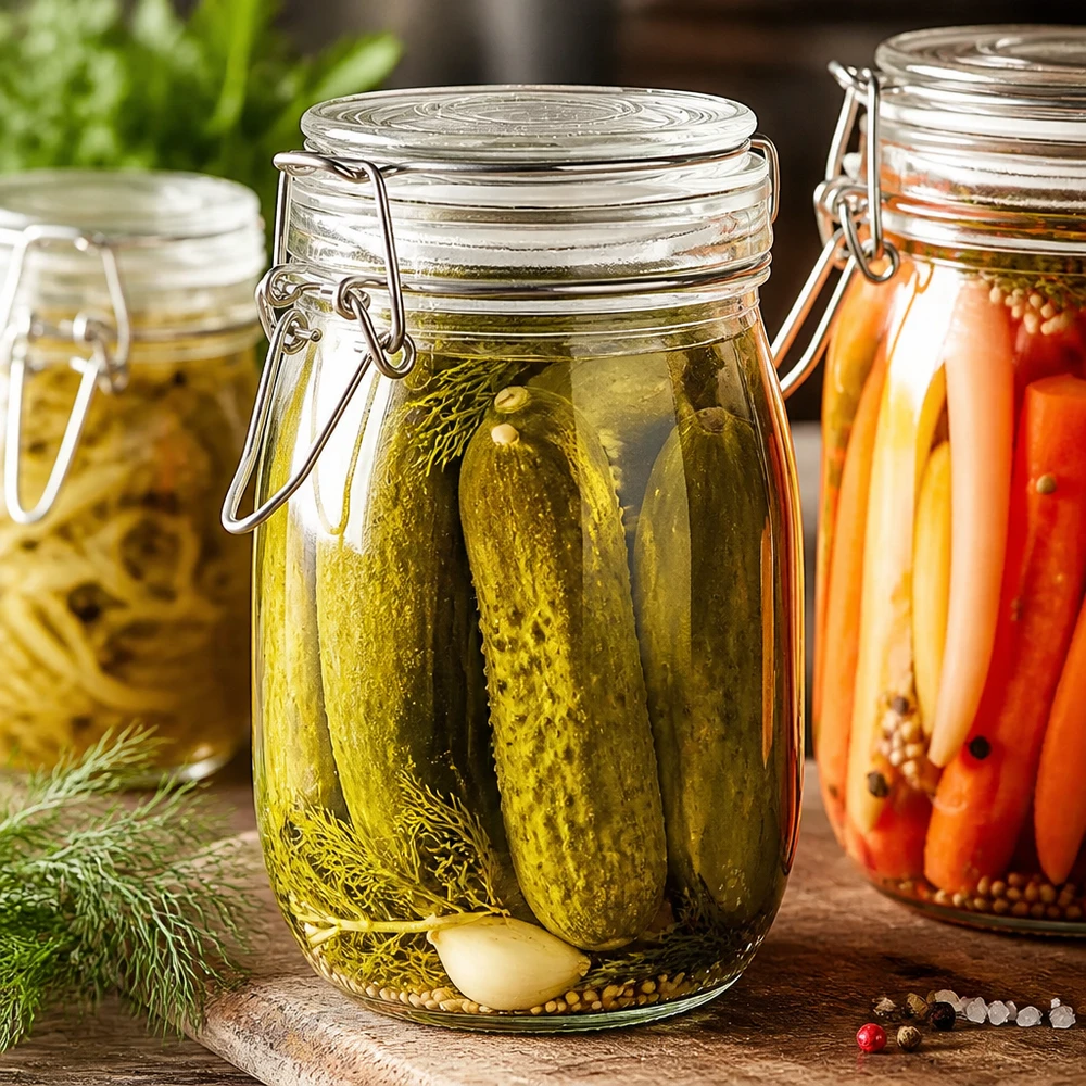 Pot de réserve 1000ml type S avec fermeture à étrier UN. Grand bocal de 1000 ml avec fermeture à étrier, idéal pour la mise en conserve de cornichons et de légumes.