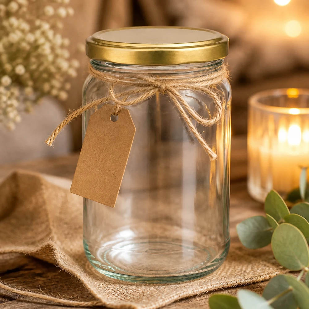Verre rond de 305 ml avec couvercle doré décoratif avec pendentif en papier kraft et ficelle de jute comme emballage cadeau