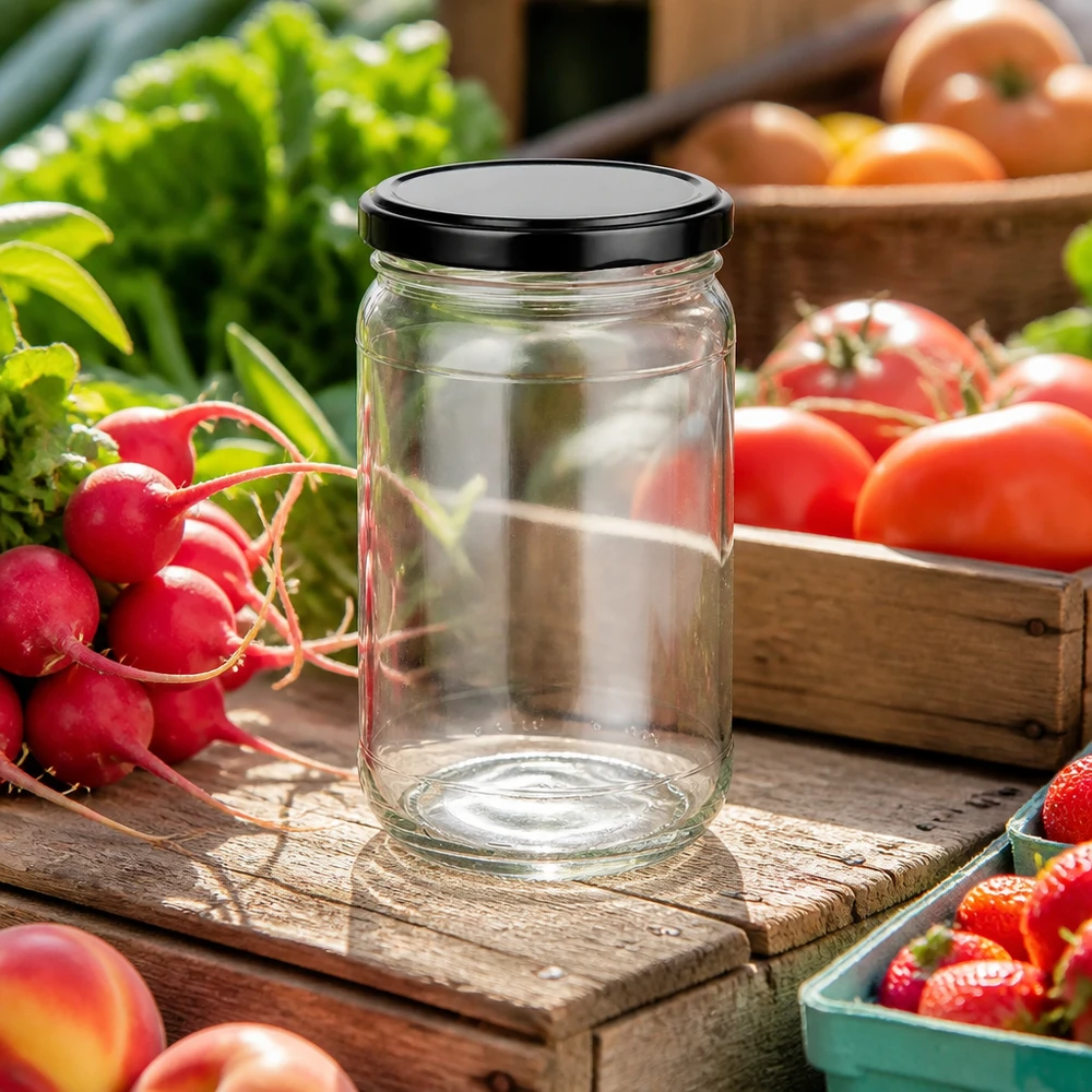 Verre rond vide de 305 ml avec couvercle noir UNiTWIST entre des légumes frais sur une table en bois rustique