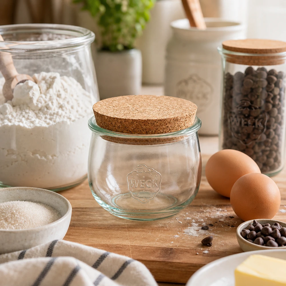 Mise en situation d’un bocal en verre pour les condiments et préparations aromatiques