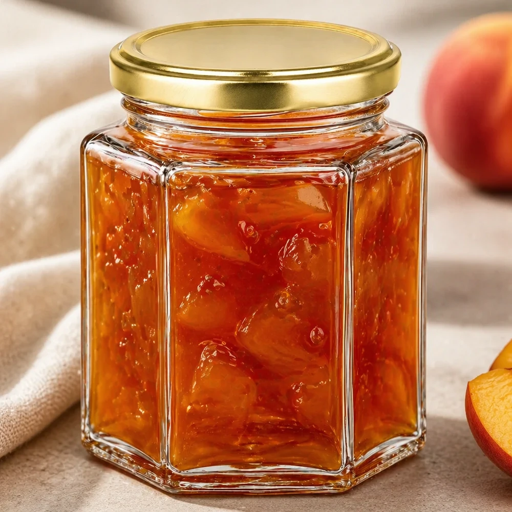 Pot à miel 250 g avec couvercle doré BasicSeal UNiTWIST Pot de miel BasicSeal de 250g rempli de confiture à côté de la pêche montre une utilisation polyvalente pour la confiture