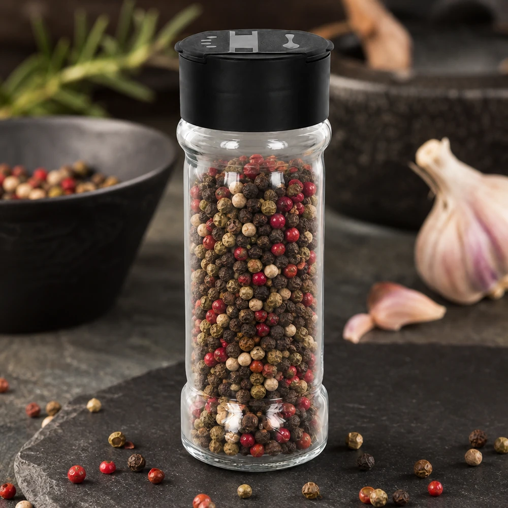 Pot à sel/épices 100 ml avec double saupoudreuse, noir Salière en verre de 100 ml remplie de grains de poivre multicolores et dotée d'un double couvercle noir