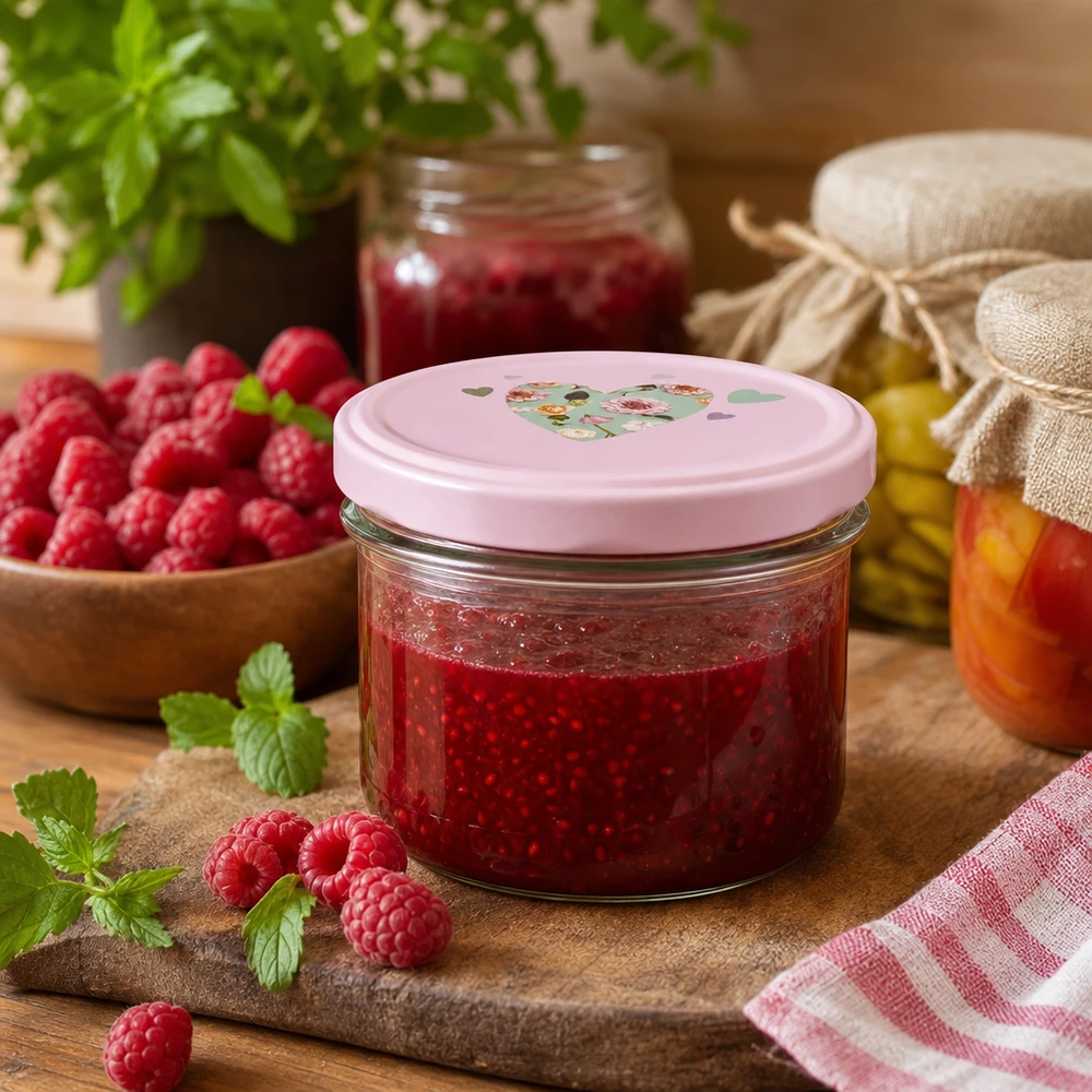 Confiture de framboises maison en pot renversé de 225 ml avec couvercle à cœur rose BasicSeal entouré de framboises fraîches