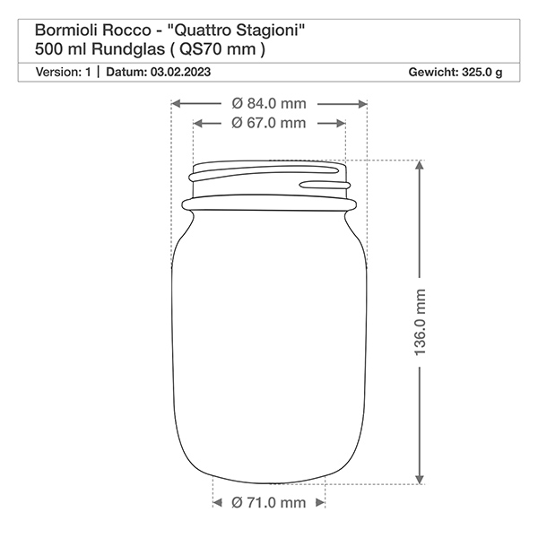 Verre rond 700ml « Quattro Stagioni » avec couvercle Dessin technique 500ml Quattro Stagioni Verre rond avec dimensions Diamètre 84mm Hauteur 136mm Bormioli Rocco