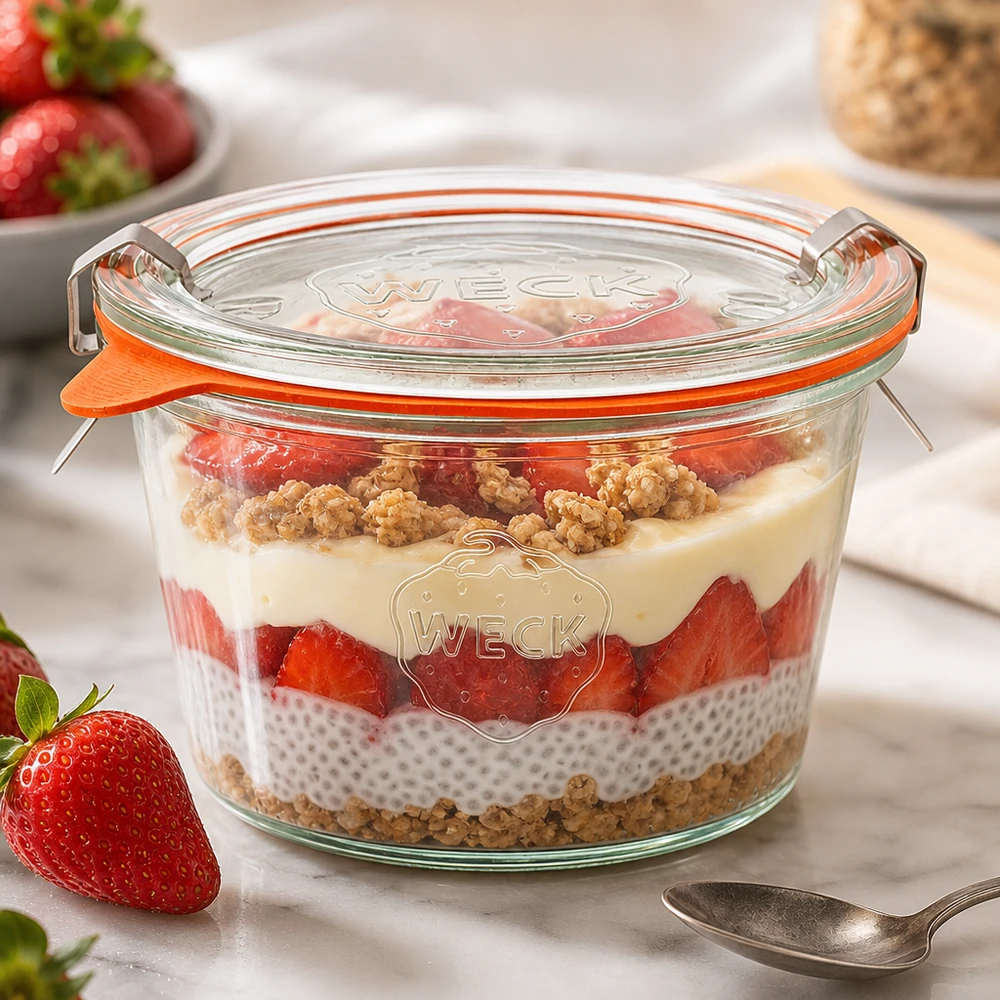 370ml bocal conique complet WECK RR100 WECK Pot renversé 370ml RR100 avec dessert à base de pudding au chia et de fraises montre une utilisation polyvalente comme pot à portions