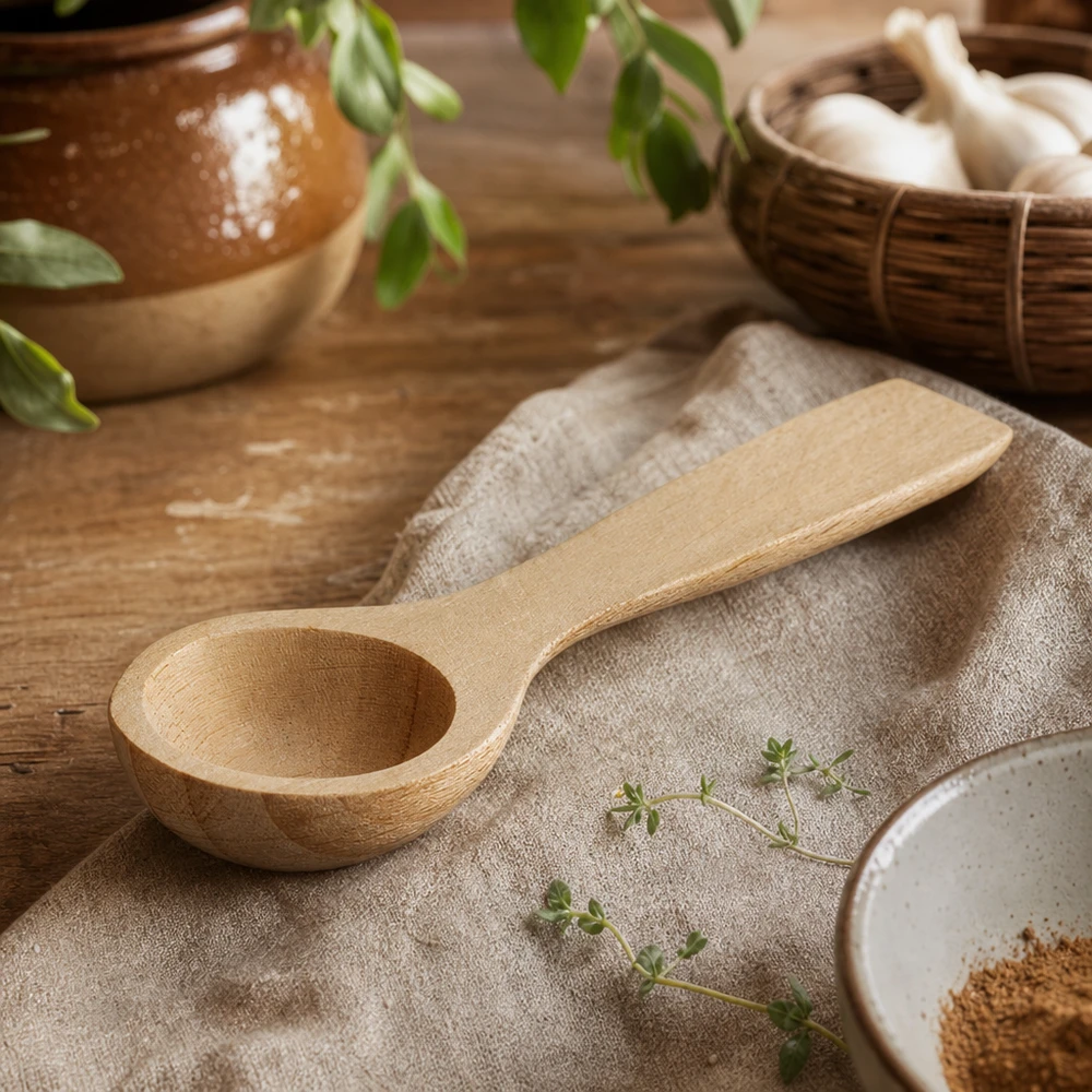Pelle en bois taille S en forme de cuillère - 77mm de long Petite pelle en bois en forme de cuillère sur toile décorée d'herbes aromatiques scène de cuisine rustique bois de hêtre 7,7cm