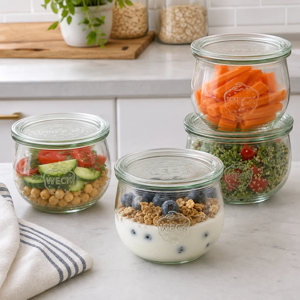 WECK Pots tulipes 580ml RR100 comme récipients pratiques Meal Prep avec salade yaourt et légumes dans la cuisine moderne