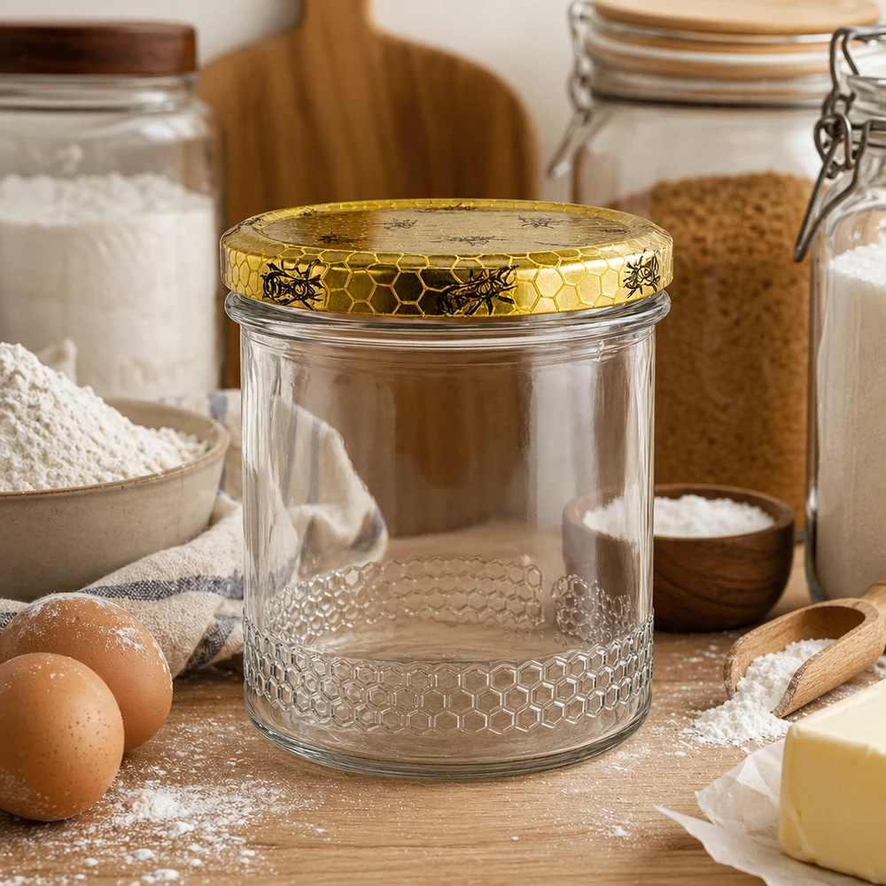 Pot à miel 560 g avec couvercle motif rayon de miel BasicSeal UNiTWIST Pot à miel vide de 400ml avec couvercle doré en nid d'abeille dans une cuisine rustique, ingrédients de boulangerie et œufs pour l'apiculture