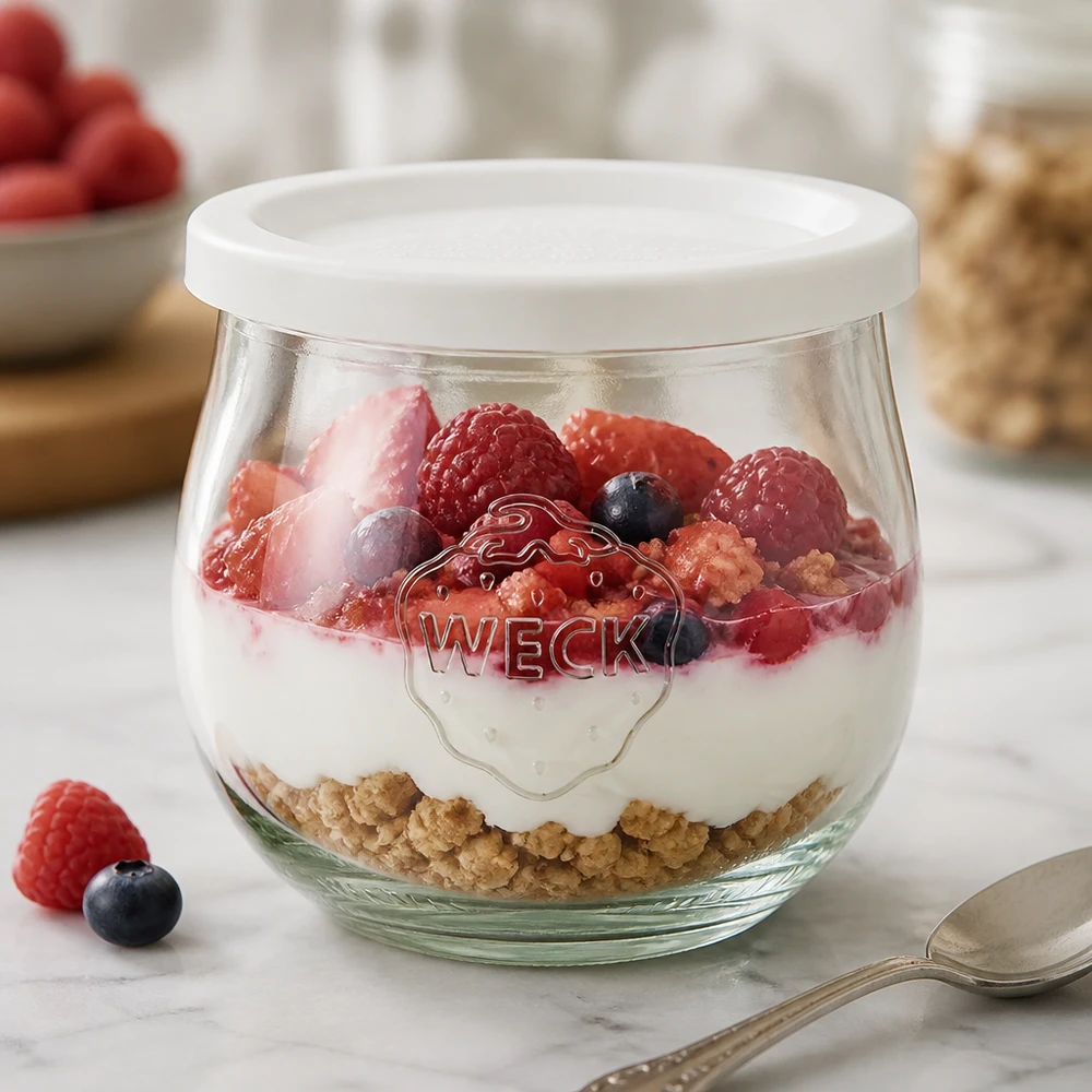 Bocal tulipe de 370 ml avec couvercle hermétique WECK RR80 WECK Pot tulipe 370ml comme coupe à dessert remplie de yaourt et de baies, couvercle fraîcheur blanc RR80 visible