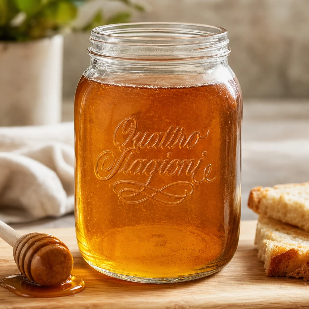 2000ml Verre rond 'Quattro Stagioni' QS110mm Quattro Stagioni 2000ml Pot ménager rempli de miel sur planche en bois avec cuillère à miel et alvéoles