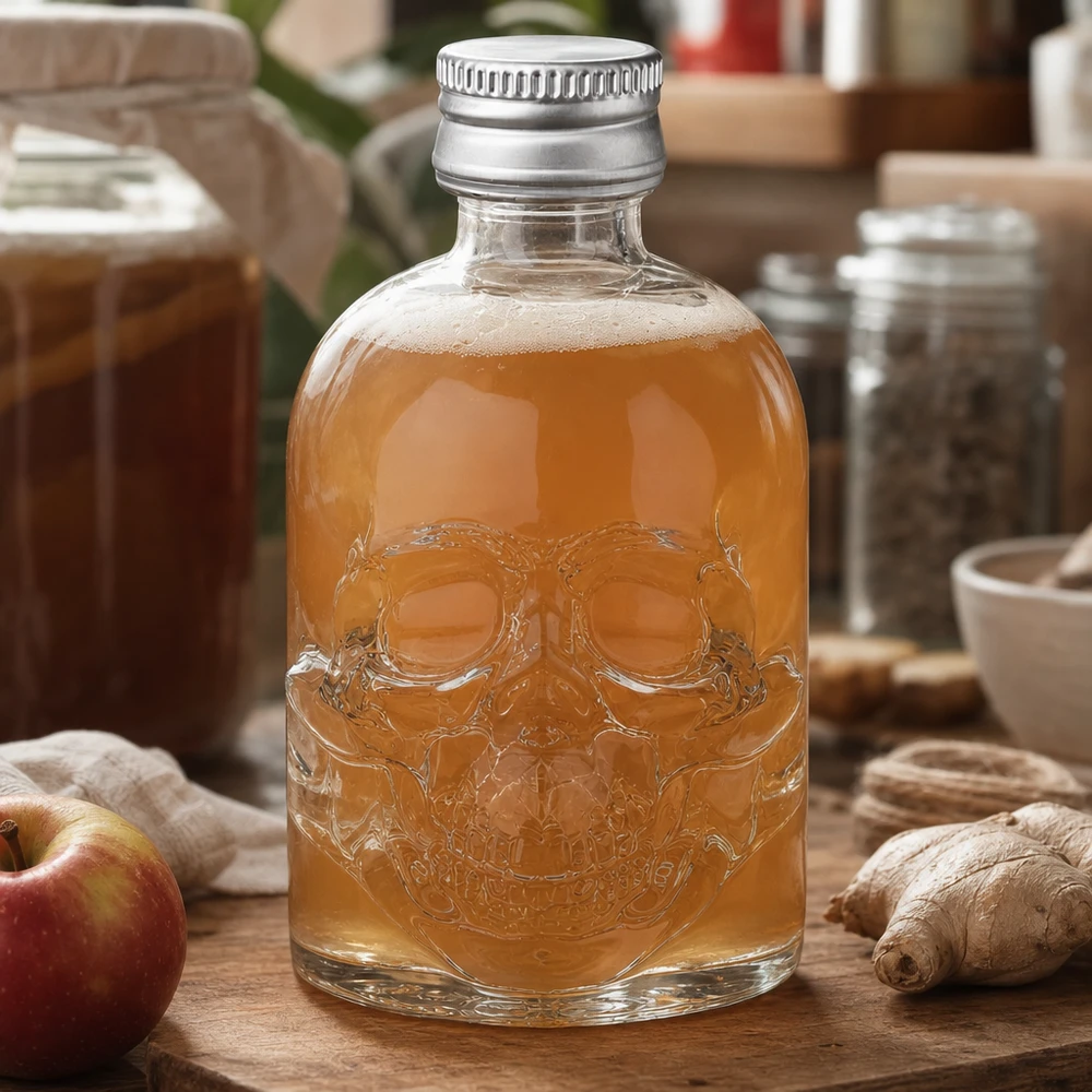Bouteille en verre de 50 ml Hector avec relief de tête de mort remplie de boisson à la pomme et au gingembre dans un environnement de cuisine naturel