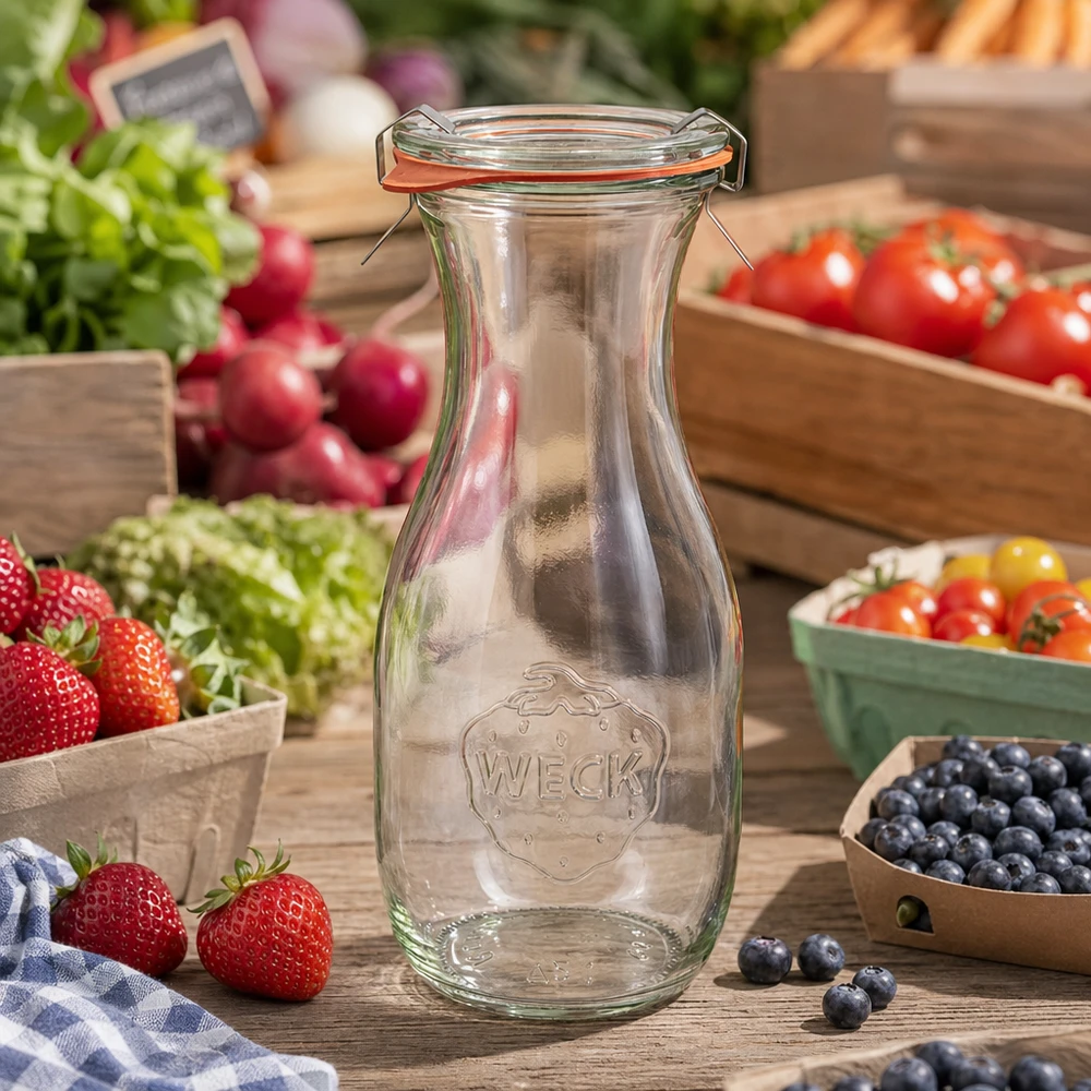 Bouteille à jus de 530 ml, ensemble complet WECK RR60 WECK Bouteille de jus 530ml RR60 vide avec fermeture à étrier entre des fruits et légumes frais sur une table en bois