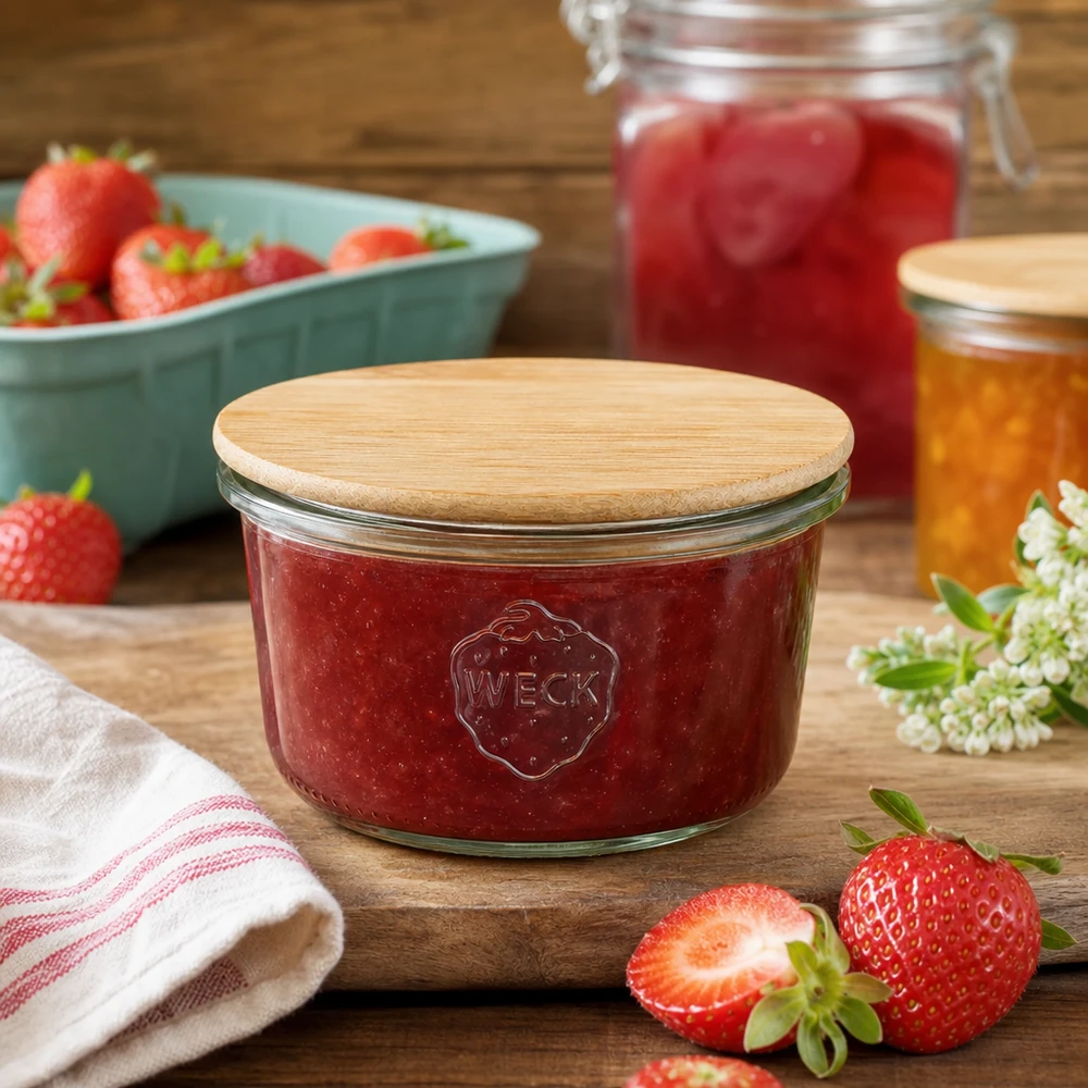 165ml bocal conique WECK RR80 avec couvercle en bois WECK RR80 Pot de conservation avec confiture de fraises et couvercle en bambou dans une scène de cuisine rustique avec des fruits frais