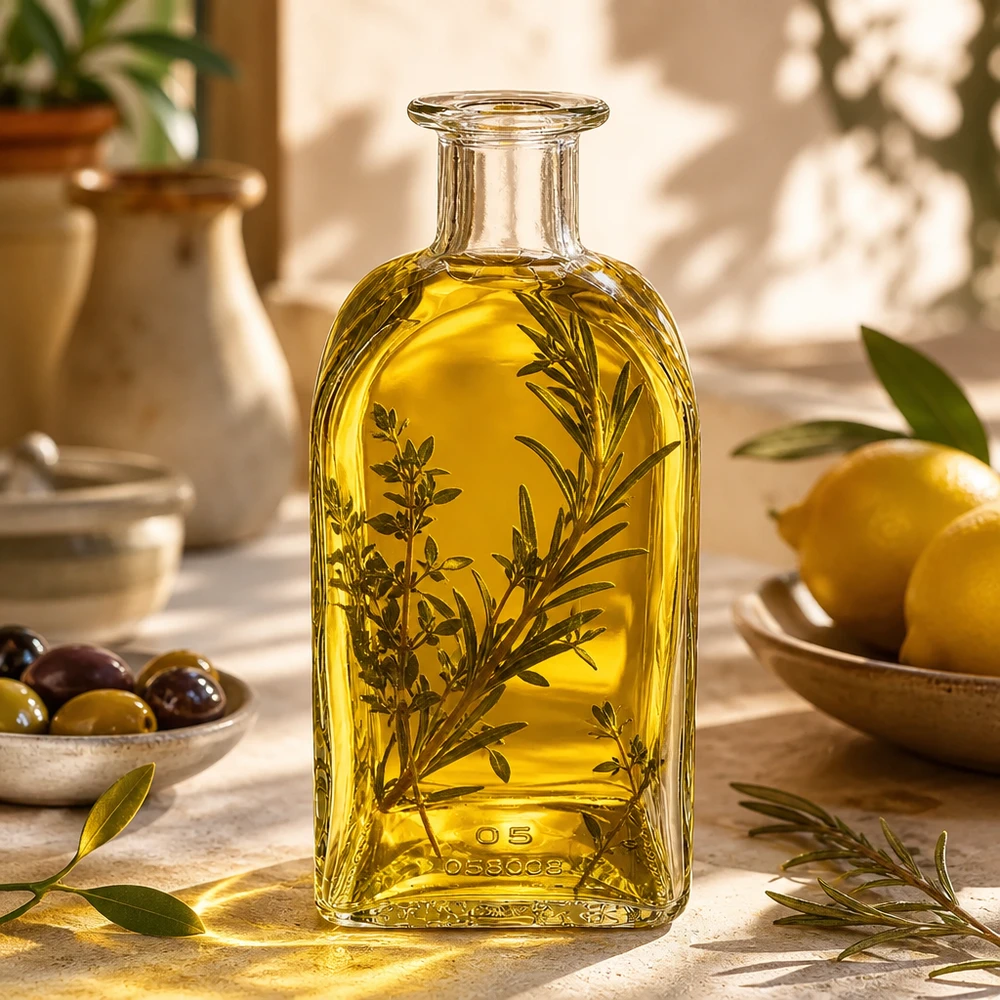 Flacon à pharmacie « Julia» 500 ml sans bouchon UNiTWIST® Bouteille en verre Julia de 500 ml remplie d'huile d'olive et d'herbes aromatiques cuisine méditerranéenne aux olives et aux citrons
