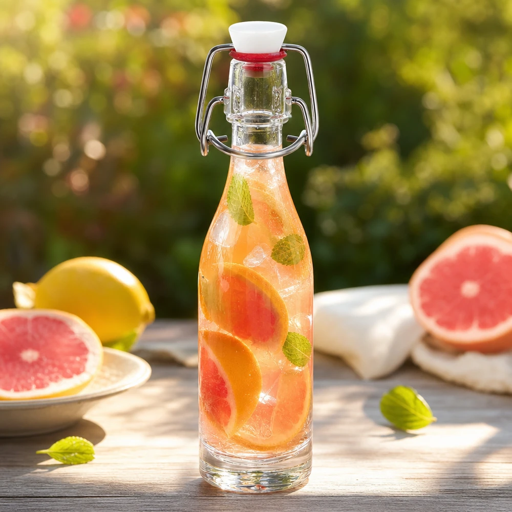 Bouteille en verre de 50 ml avec bouchon à étrier PVC remplie d'eau mentholée au pamplemousse dans une atmosphère de jardin estival