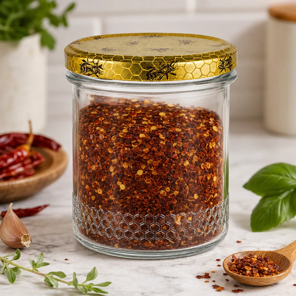 Pot à miel 560 g avec couvercle motif rayon de miel BasicSeal UNiTWIST Pot de miel de 400 ml rempli d'un mélange d'épices au chili, couvercle en nid d'abeille, scène de cuisine avec des herbes et une cuillère en bois