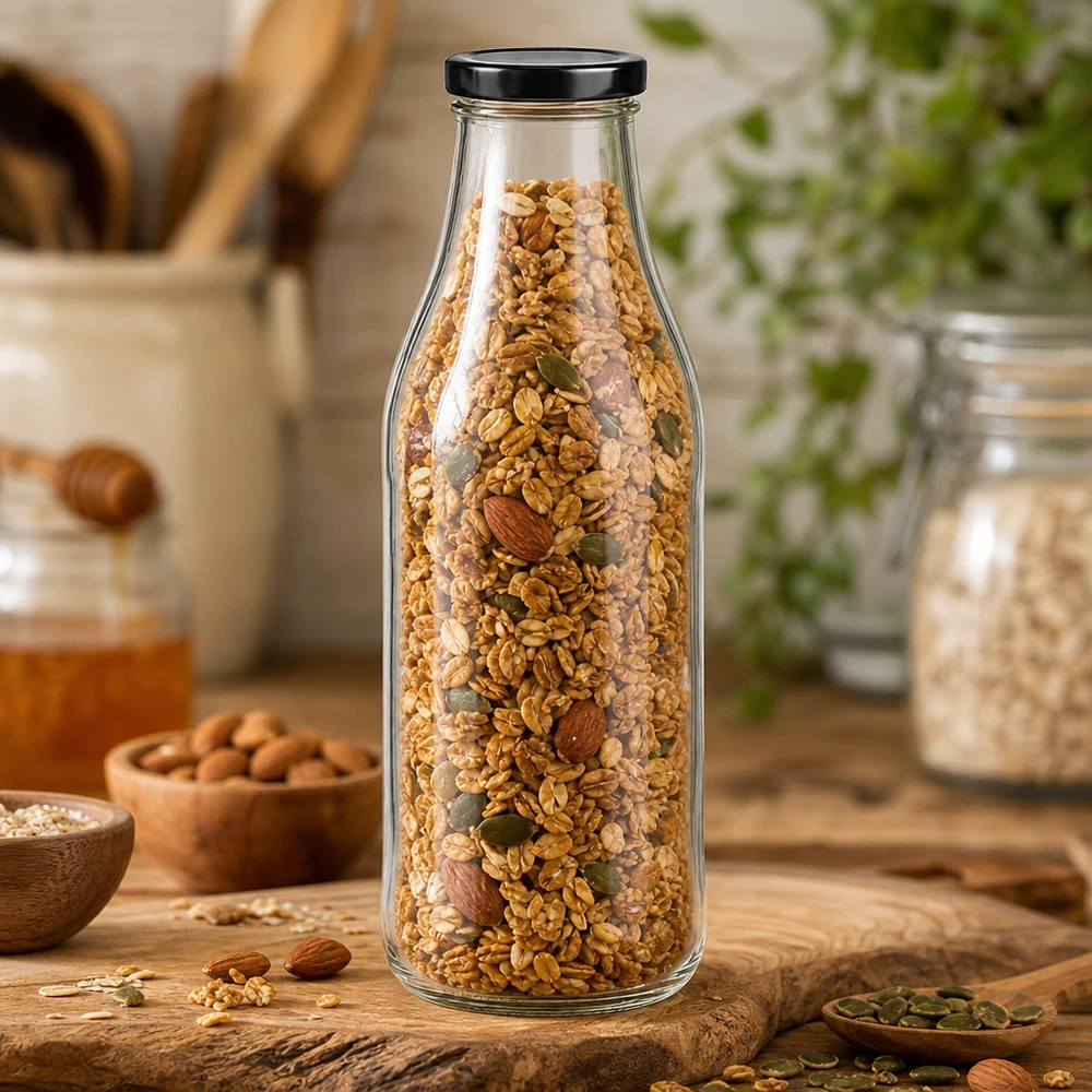 Bouteille en verre de 1000 ml avec couvercle noir remplie d'un mélange de céréales et de noix pour la conservation des aliments