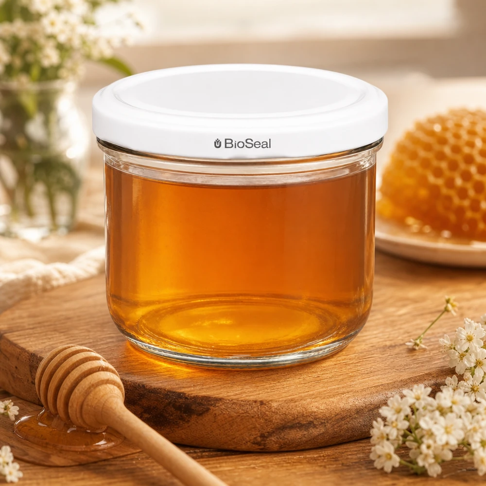 260ml Verre conique avec couvercle BioSeal blanc UNiTWIST UNiTWIST Sturz260 rempli de miel avec couvercle blanc BioSeal - pot en verre de 260ml pour aliments naturels