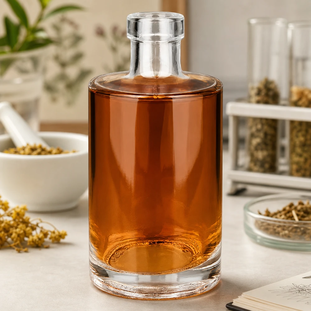 Bouteille en verre Marie de 350 ml au contenu ambré sur le comptoir de la cuisine parmi les épices et les herbes aromatiques Photo 5 sur 10