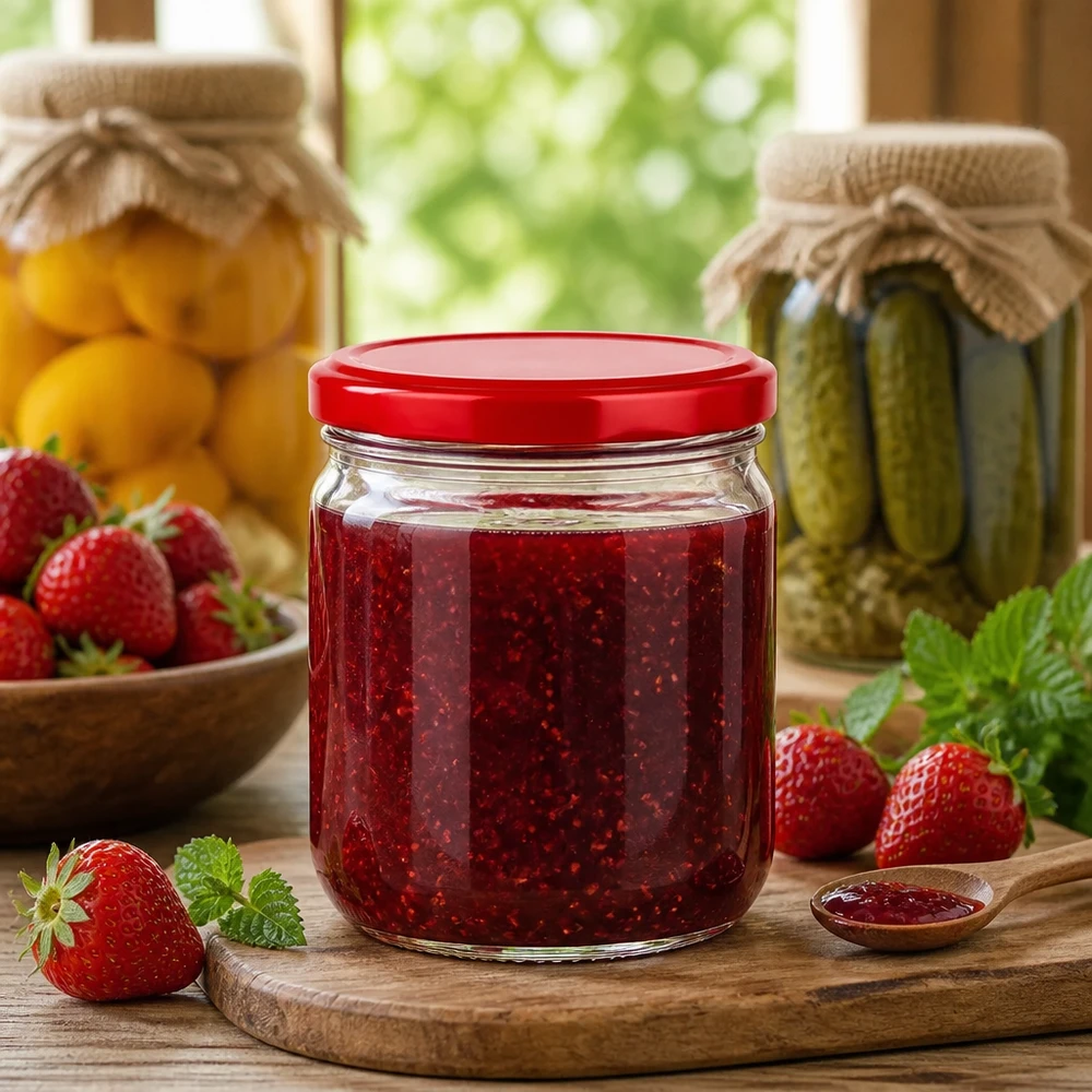 425ml Verre rond avec couvercle BasicSeal rouge UNiTWIST Pot rond de 425ml avec couvercle rouge BasicSeal rempli de confiture de fraises - UNiTWIST Pot de conservation pour confitures et fruits à tartiner