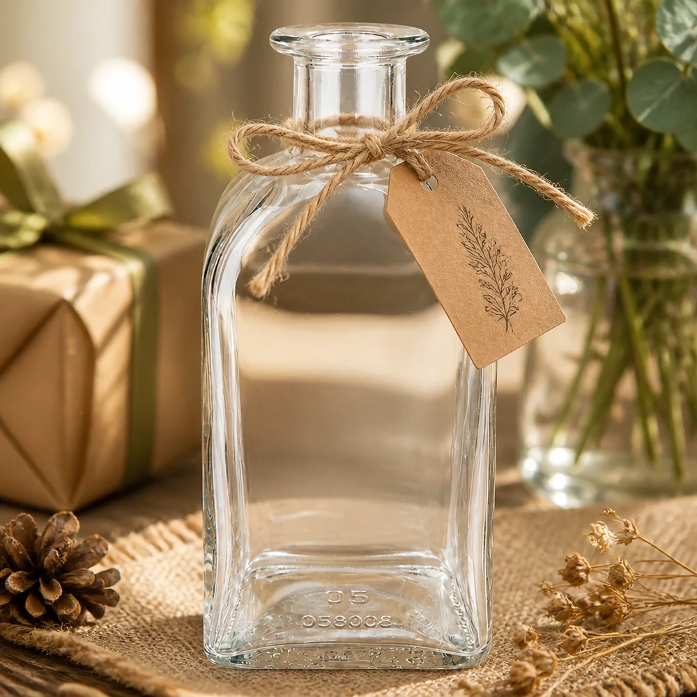 Bouteille en verre Julia de 500 ml avec décoration rustique Pendentif en papier kraft et ficelle de jute sur fond de bois naturel