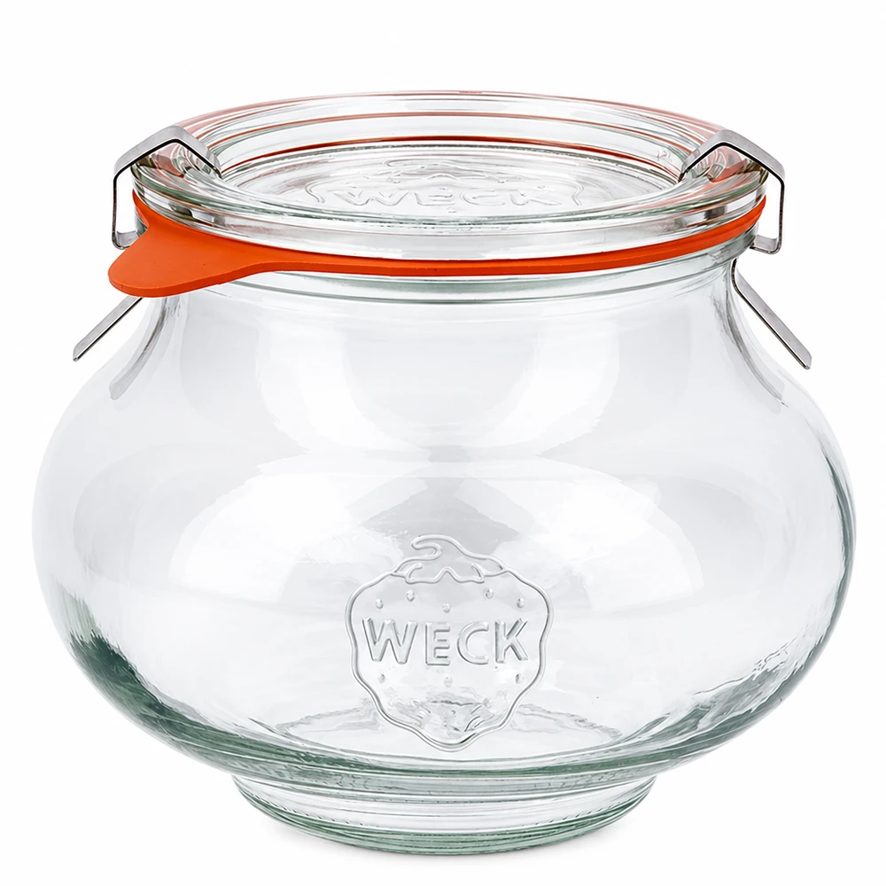 Bocal décoratif WECK RR80 de 560 ml, complet WECK Pot à bijoux 560ml avec couvercle en verre et anneau en caoutchouc, forme bulbeuse, pot de conserve avec fermeture à étrier RR80