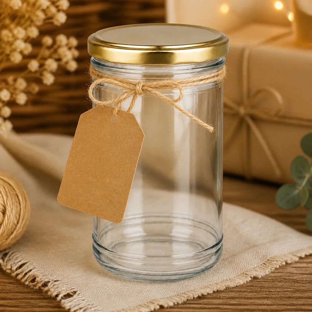 1053ml verre renversé avec couvercle BasicSeal doré et étiquette en papier kraft décorée comme emballage cadeau DIY