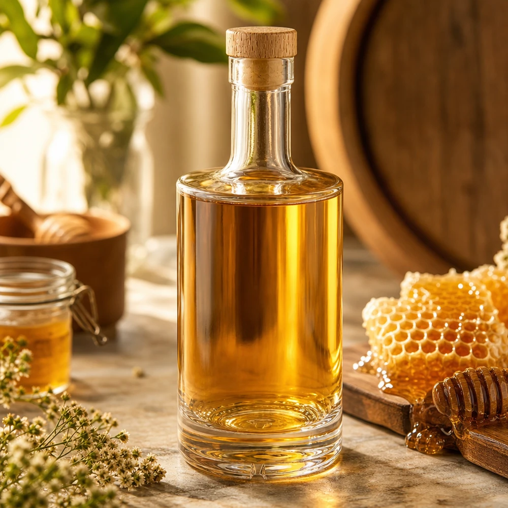 Bouteille en verre 500 ml « Nora » avec bouchon en bois UNiTWIST® Bouteille en verre Nora de 500 ml remplie de liqueur de miel Bouchon en bois UNiTWIST Nid d'abeille Verre à miel Décoration naturelle