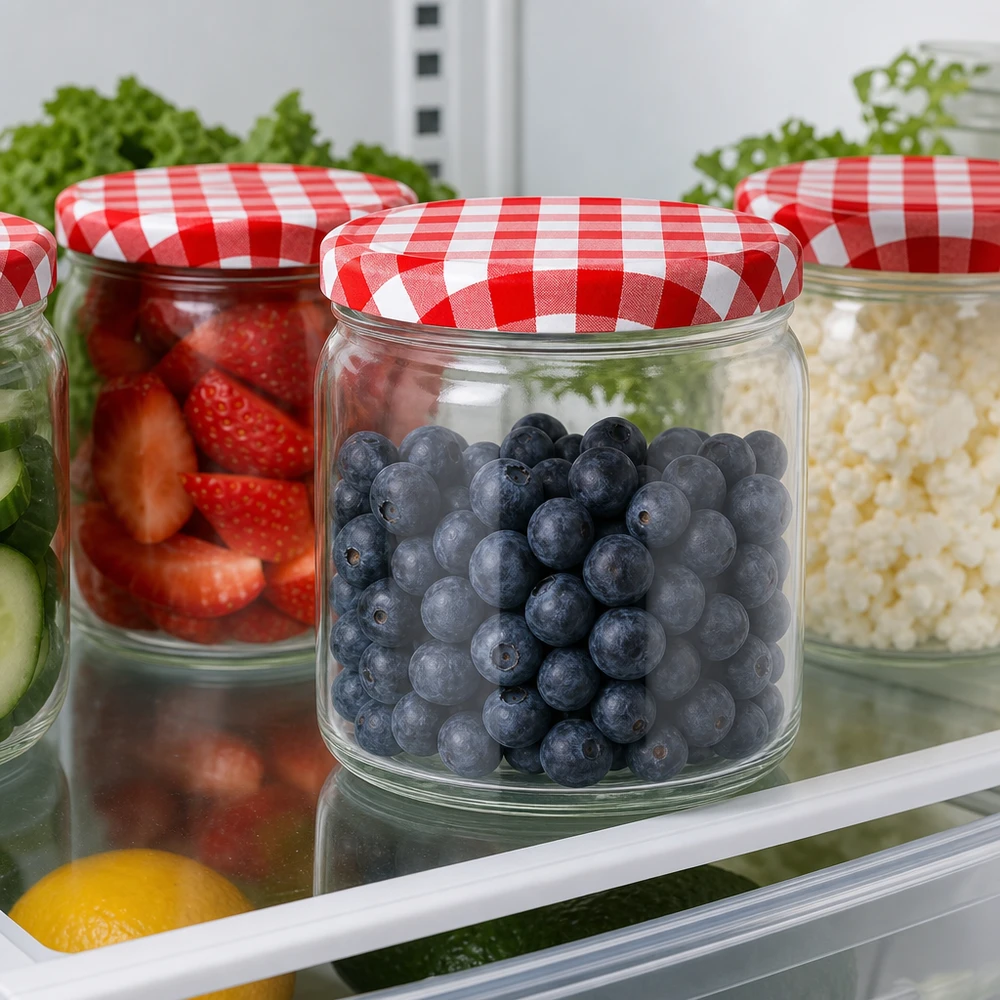 408ml Verre rond avec couvercle BasicSeal rouge/blanc UNiTWIST 408ml bocal rond réfrigérateur conservation myrtilles fraîches fraises BasicSeal couvercle rouge blanc à carreaux Meal Prep