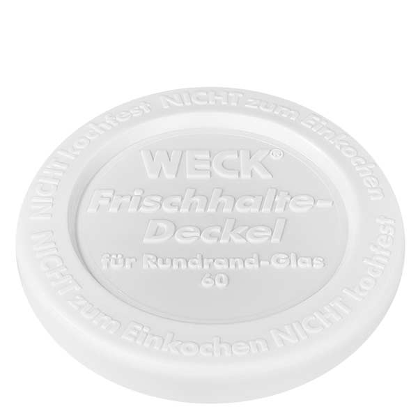 Bouteille à jus de 290 ml avec couvercle fraîcheur WECK RR60 WECK Couvercle fraîcheur blanc RR60 pour verre cylindrique de 340ml Couvercle gros plan avec logo et inscription en relief