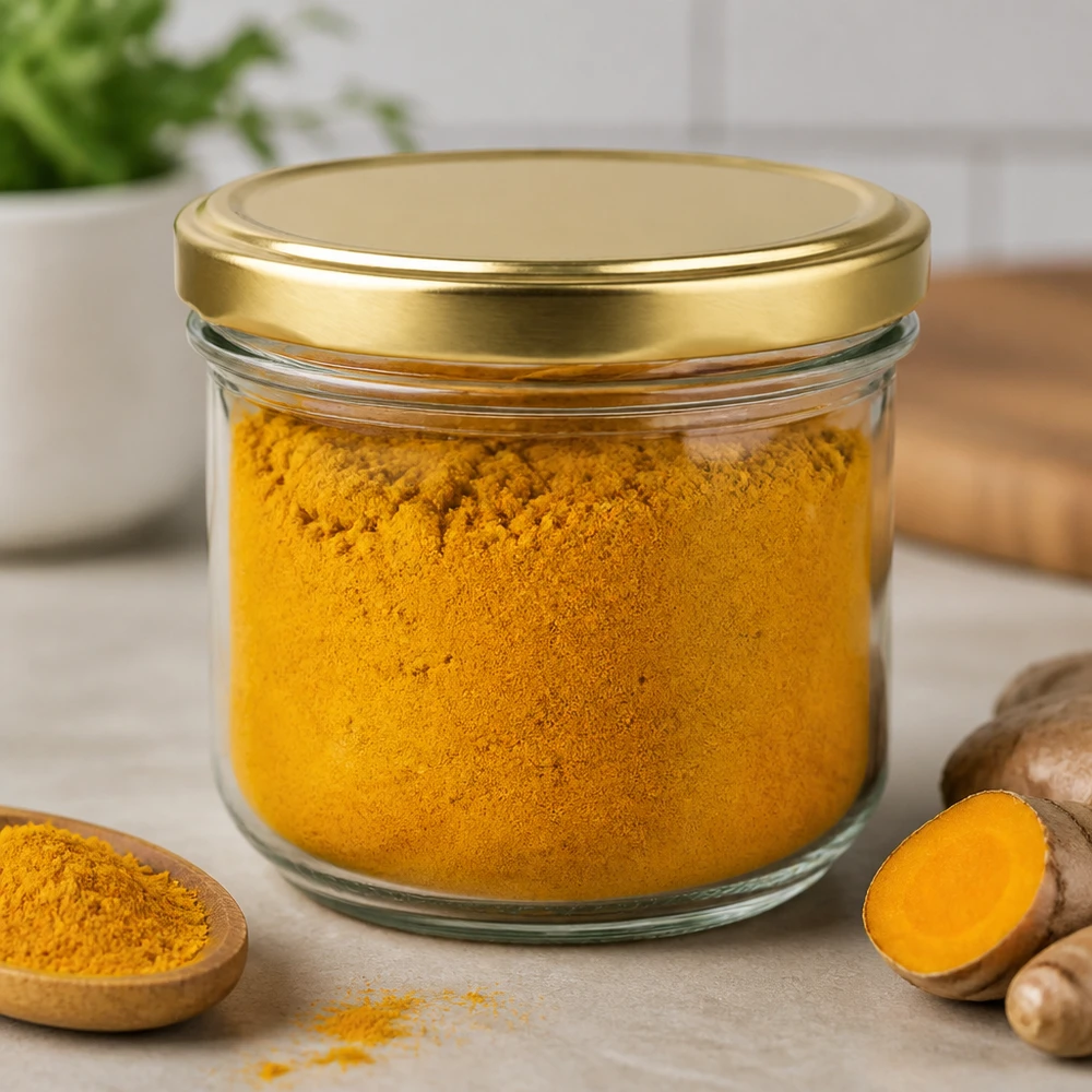Pot de 260 ml rempli de poudre de curcuma et couvercle BasicSeal doré montre une utilisation polyvalente pour les épices